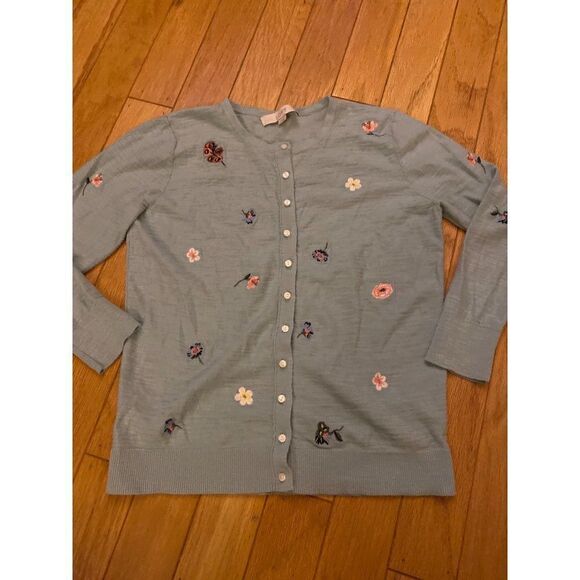 Loft women’s blue embroidered floral button down fitted spring cardigan sz small - Picture 1 of 8